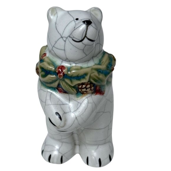 Holiday Polar Bear Figurine Rustic Ceramic w/ Holly Accent Christmas Decor 5" - Picture 8 of 8